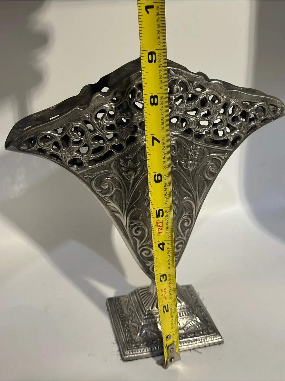 Vintage Silver tone Decorative fan shaped Vase with Intricate Filigree